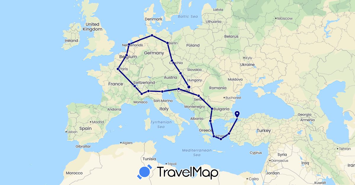TravelMap itinerary: driving in Austria, Belgium, Bulgaria, Switzerland, Czech Republic, Germany, France, Greece, Croatia, Italy, Netherlands, Serbia, Turkey (Asia, Europe)